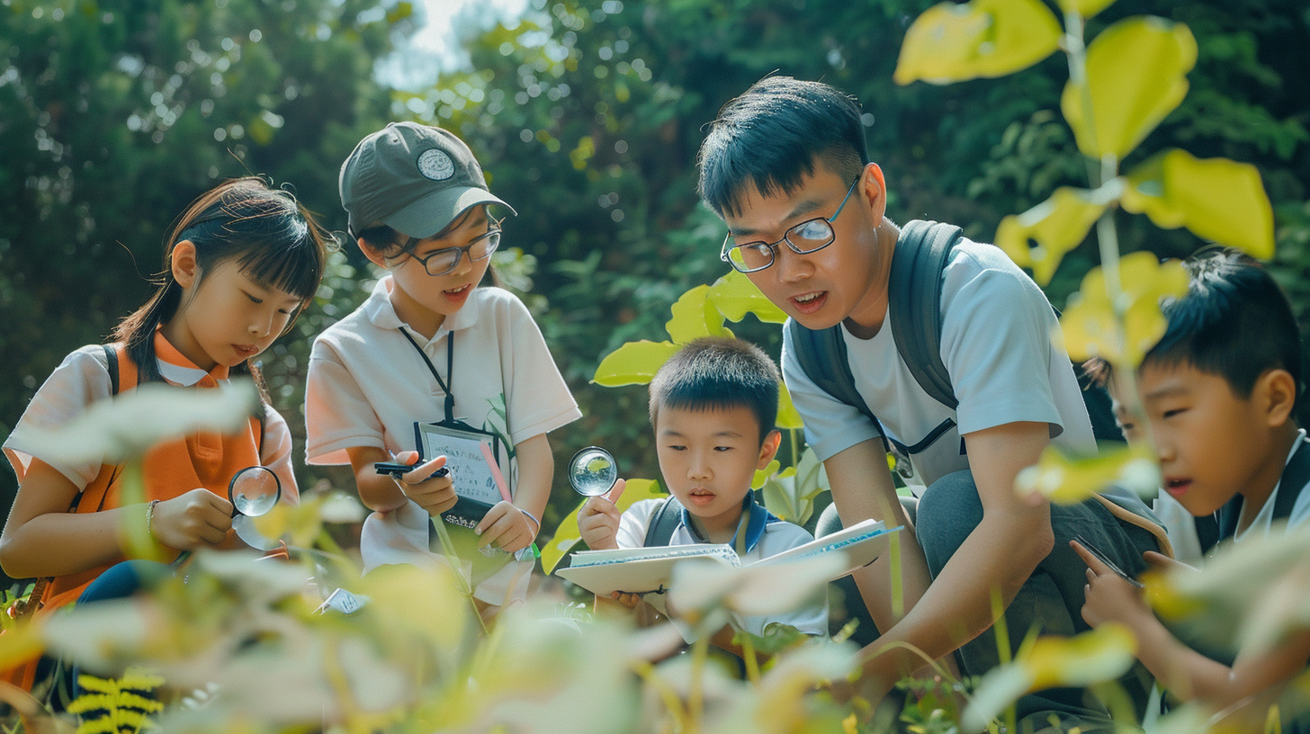 户外教学场景中孩子们探索自然美好时光
