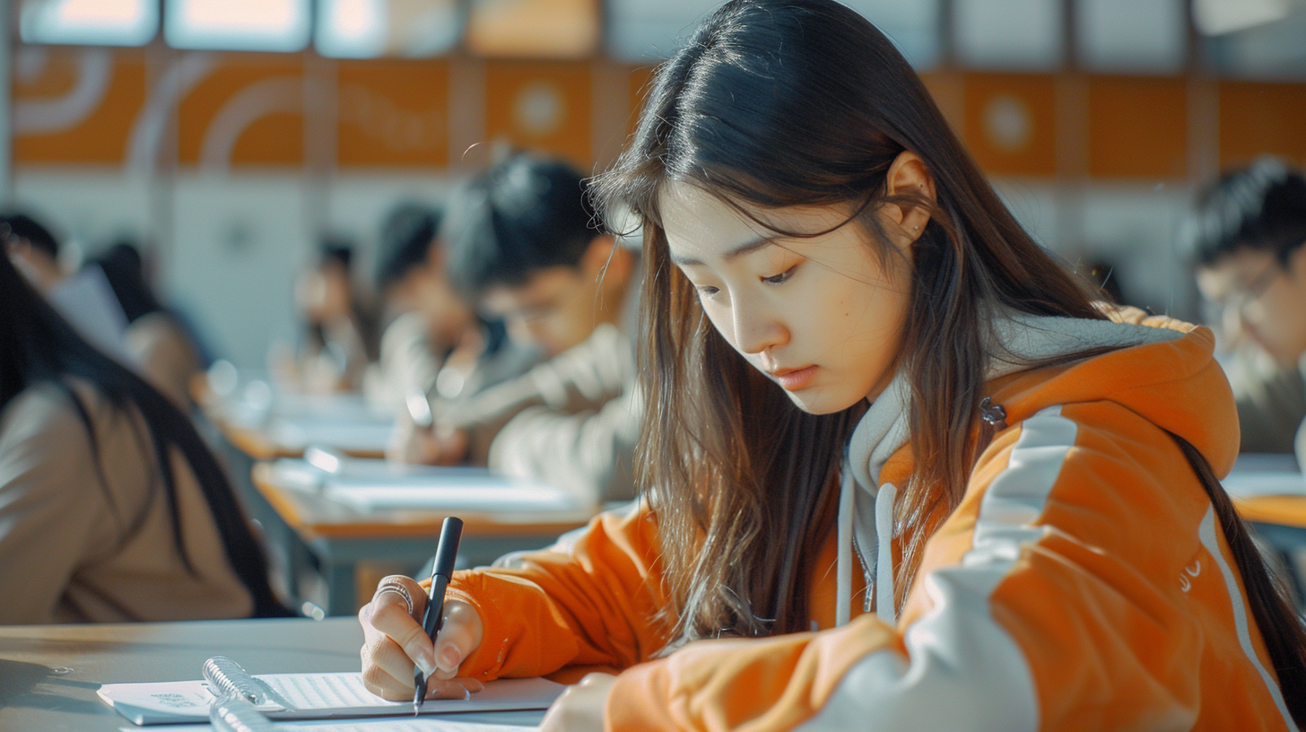 认真书写的学生展现校园教学场景