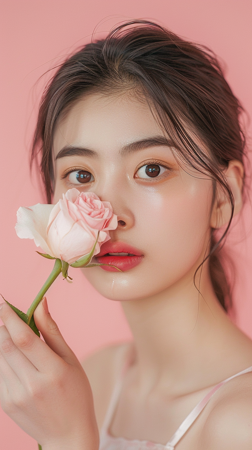 手持粉色玫瑰的美丽女性形象壁纸