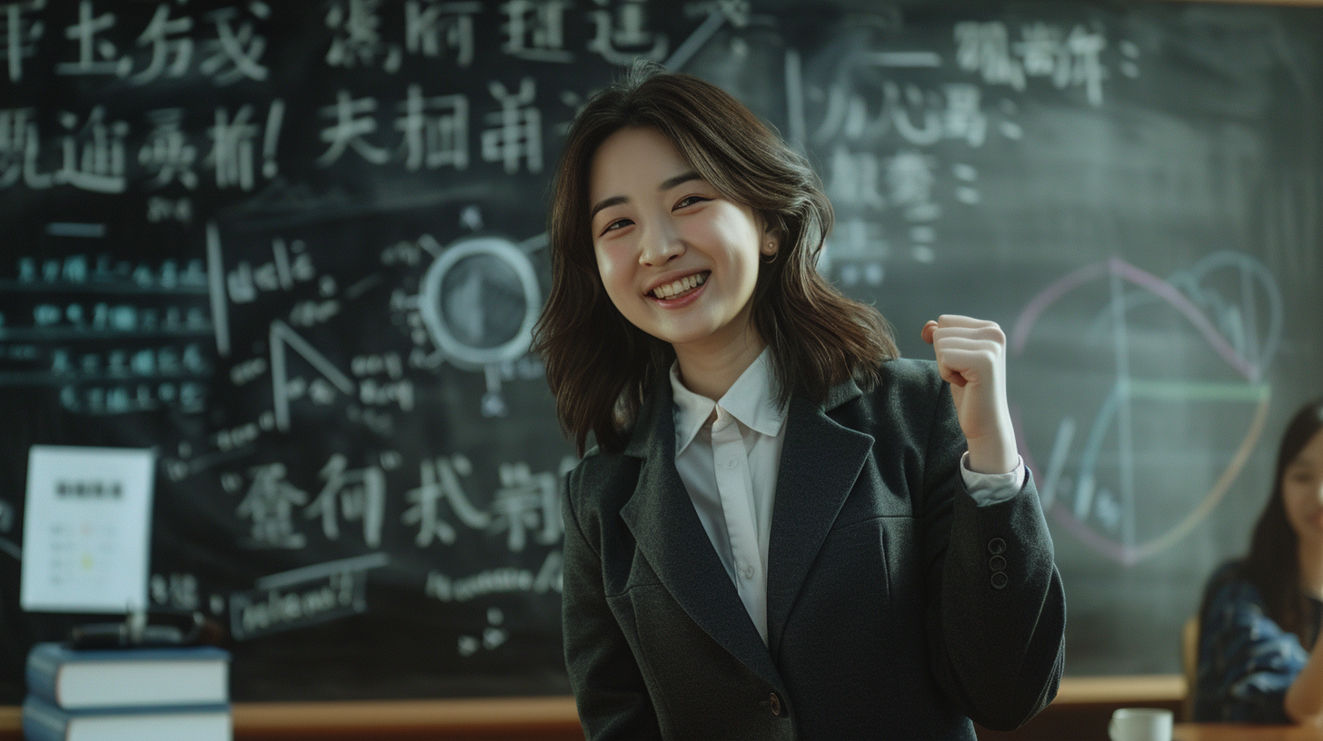 女教师在黑板前握拳教学风采