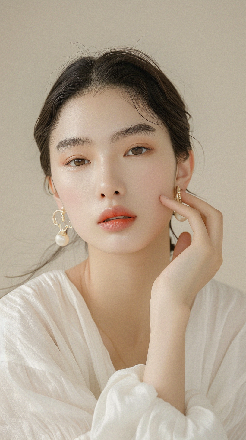 优雅女士佩戴珍珠耳环时尚魅力