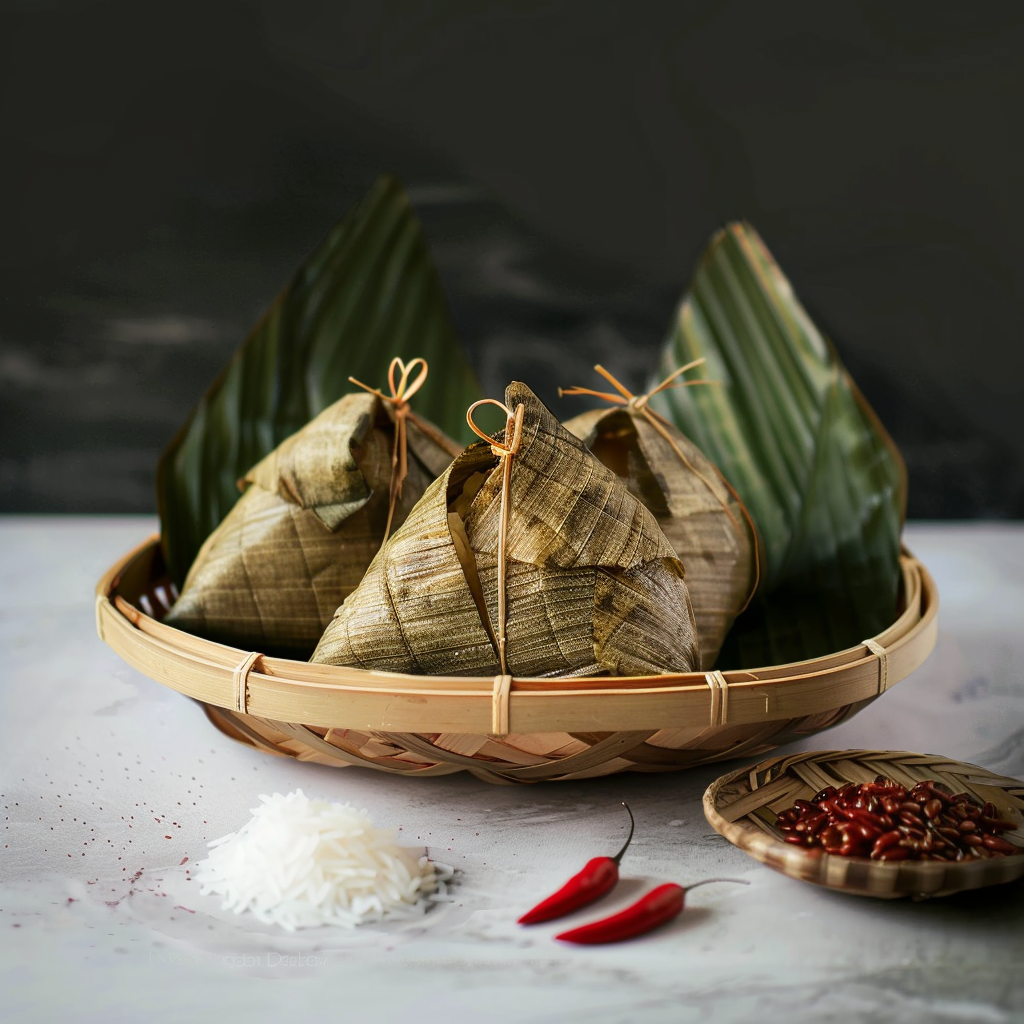 传统竹篮装美味粽子尽显端午风情