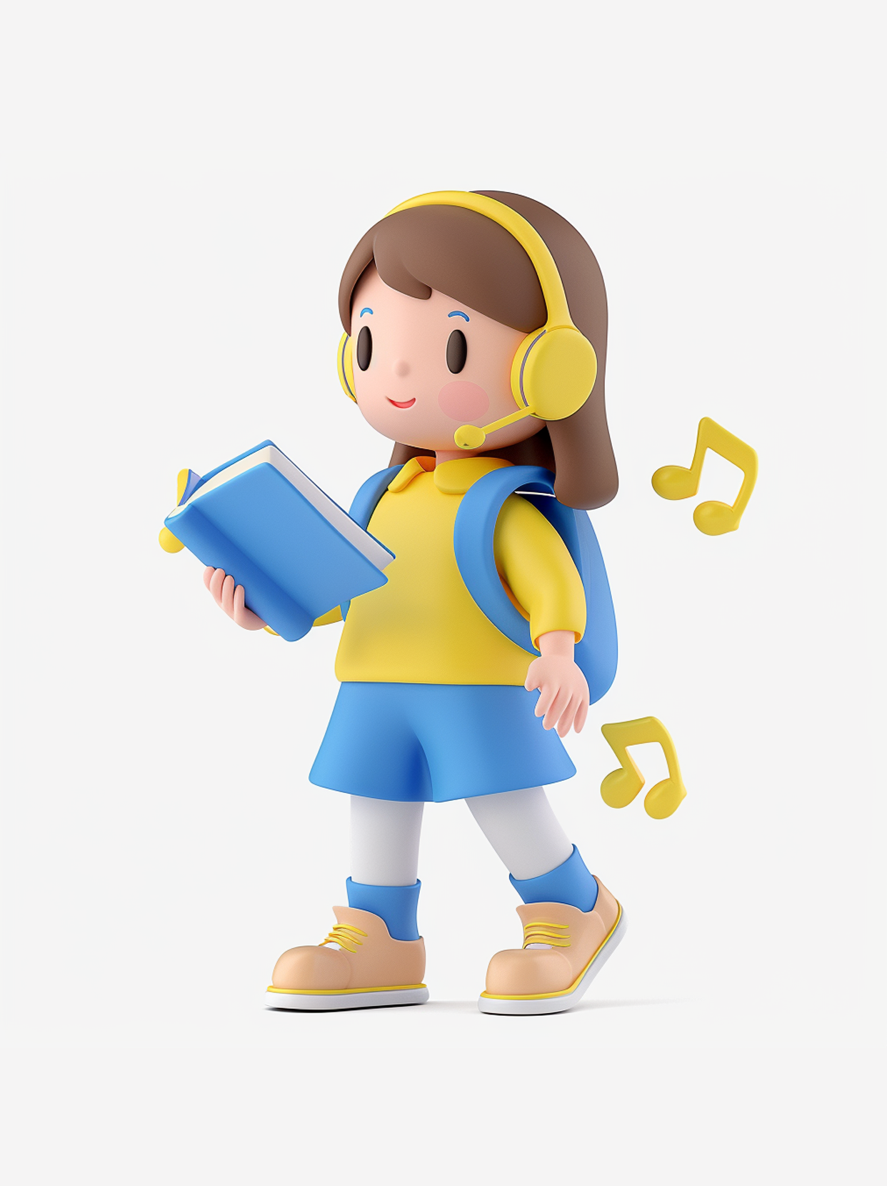 可爱女孩戴耳机看书