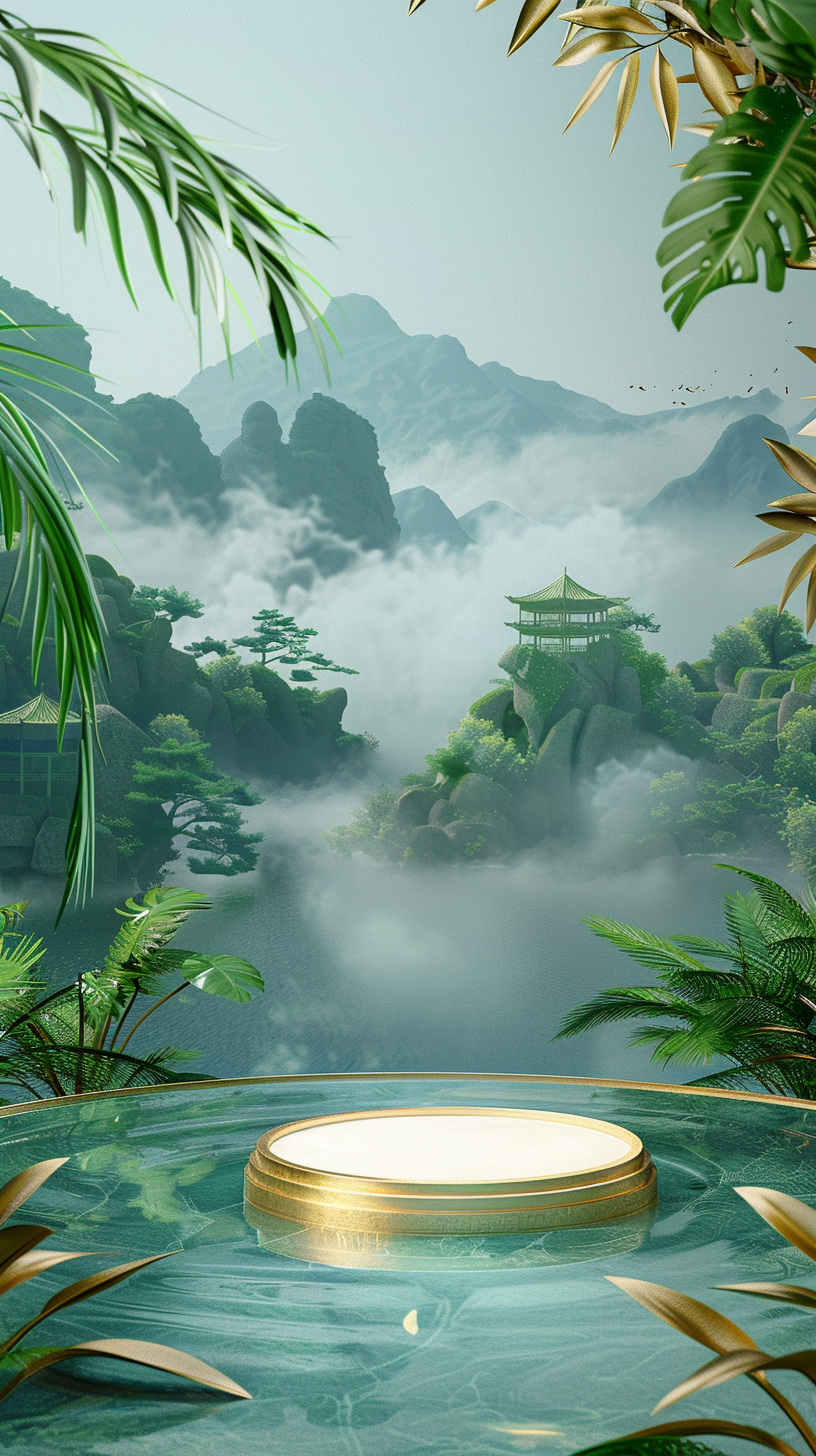 山水云雾间的中国风绿植环绕圆形展示台