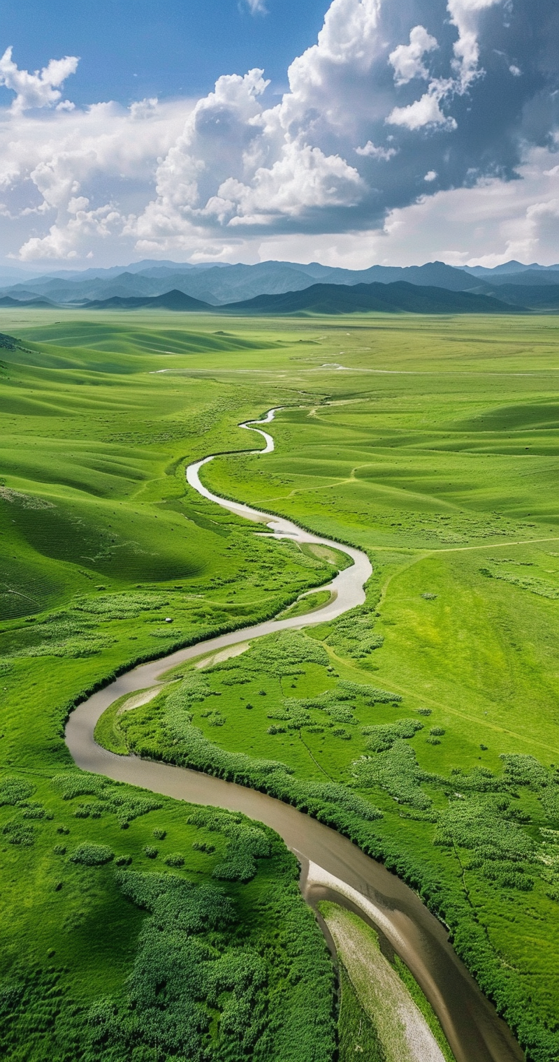 辽阔草原上蜿蜒河流的壮美自然景观