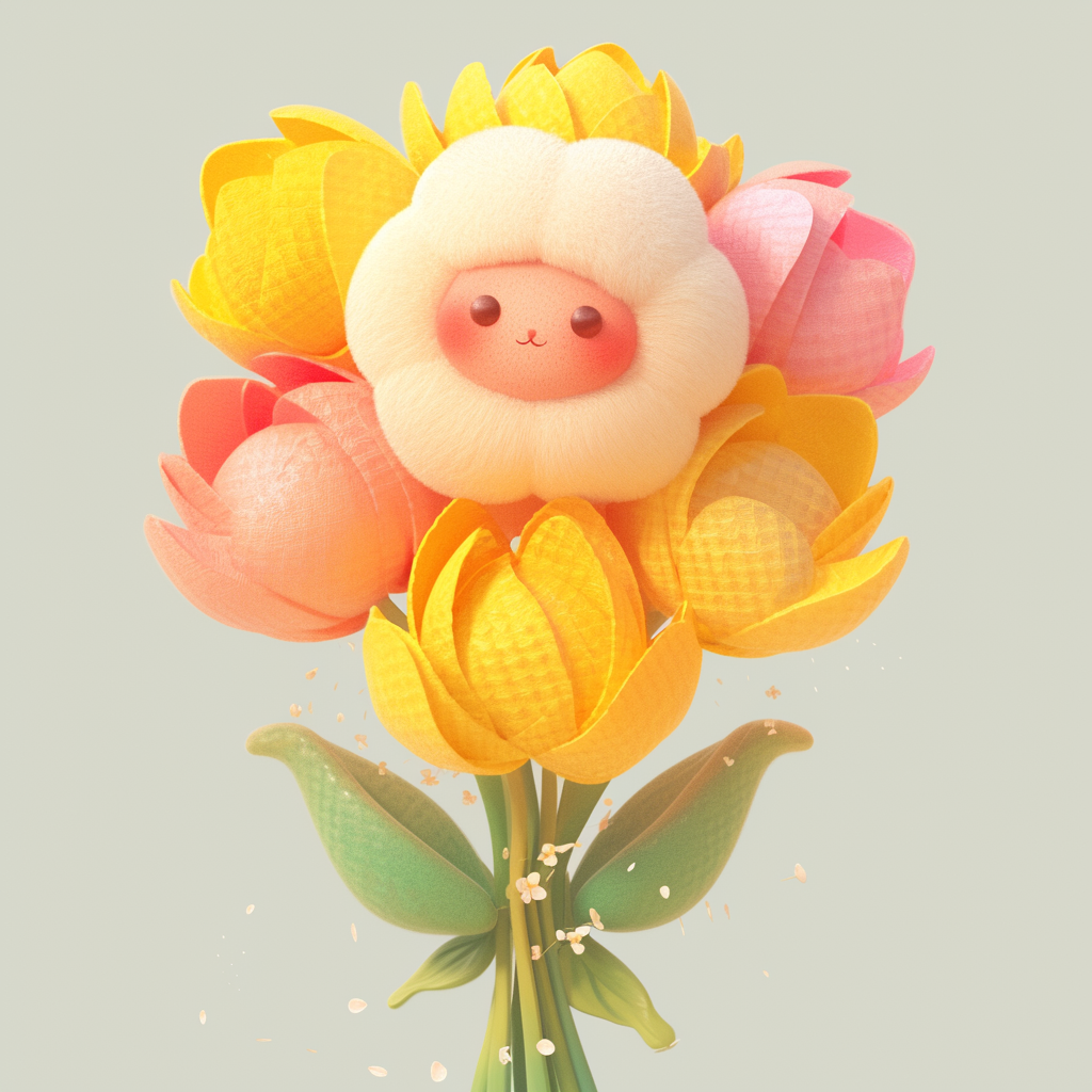 可爱小羊玩偶与多彩郁金香花束