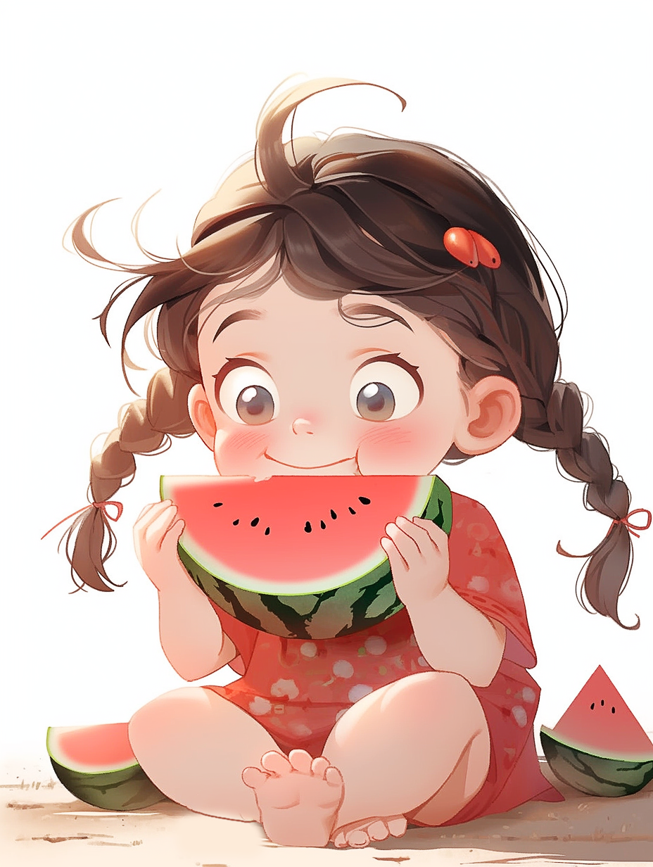 可爱小女孩吃西瓜趣味卡通形象图