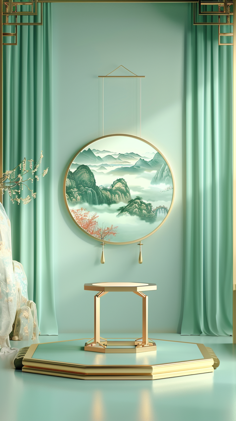 圆形山水壁画搭配中式展示台