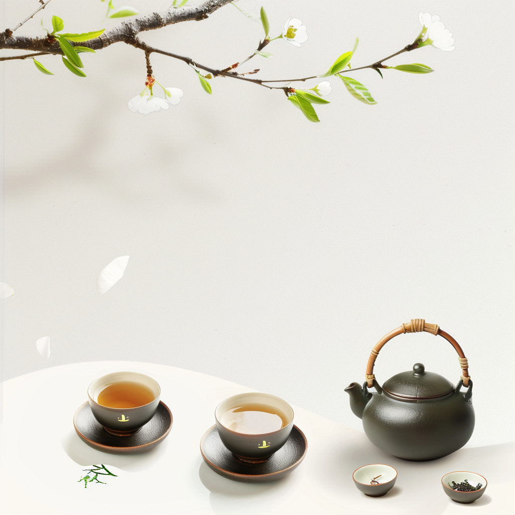 雅致茶具搭配花枝