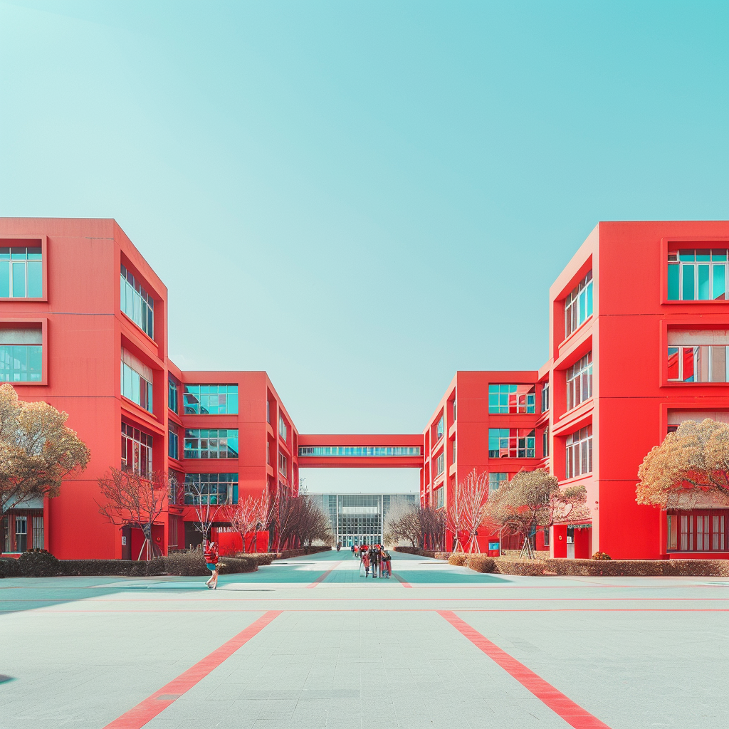 鲜艳红色校园建筑