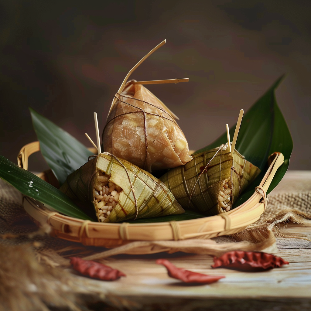 传统竹篮装美味粽子尽显端午特色