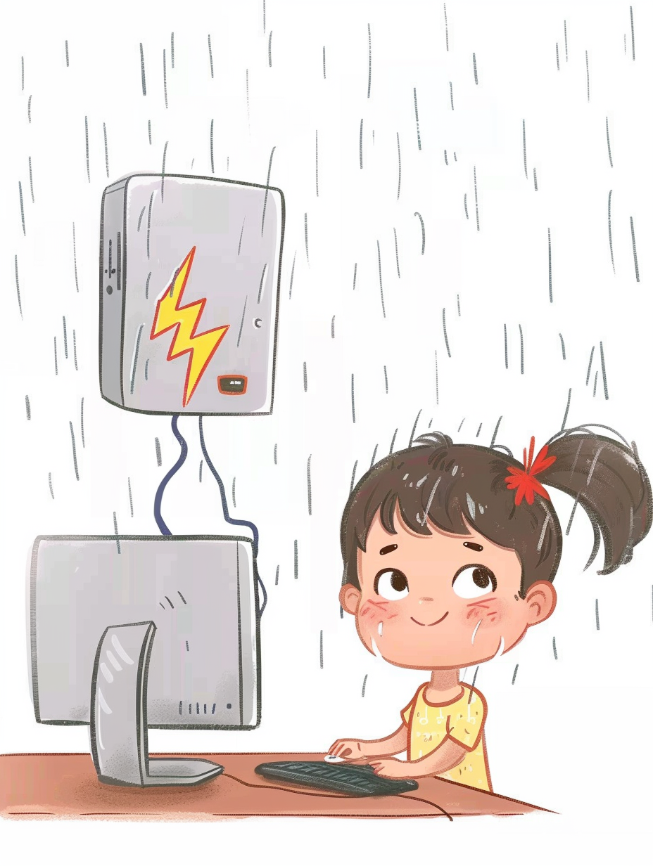 小女孩淋雨完玩电脑