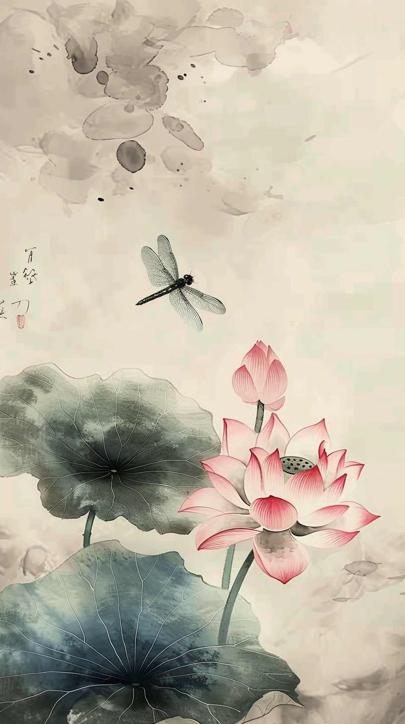 水墨风格蜻蜓荷花图