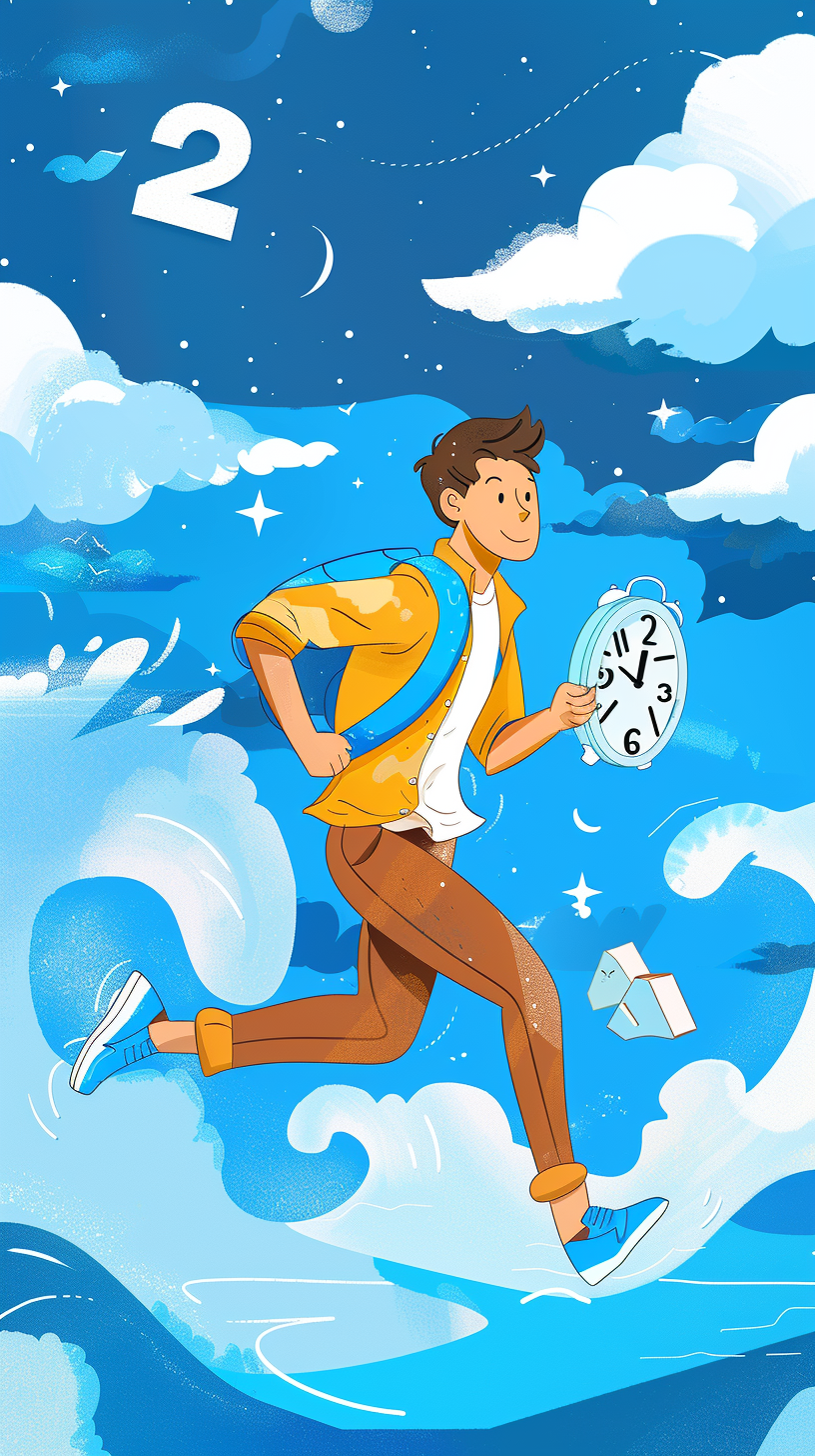 背着书包手拿闹钟奔跑的学生形象插画
