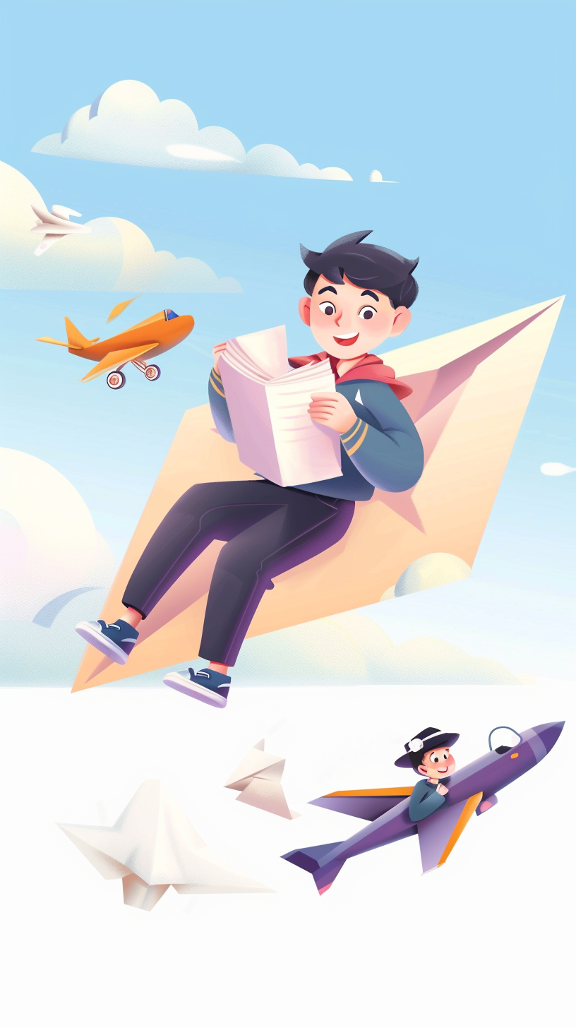 男孩坐纸飞机看书的创意儿童插画