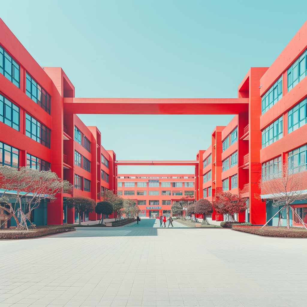 鲜艳红色建筑下的校园环境
