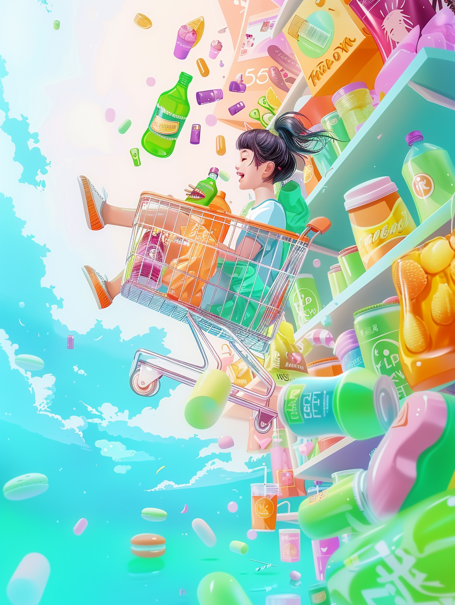 可爱女孩在购物车中被商品趣味画面