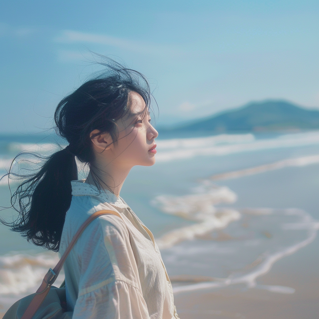 身穿浅色衣衫的女子在海边眺望