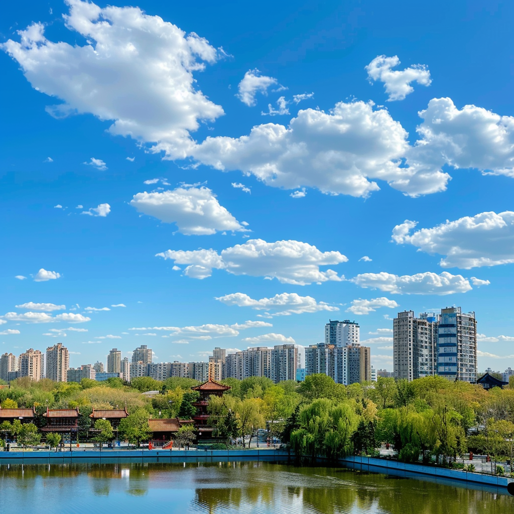 蓝天白云下的城市湖泊美景