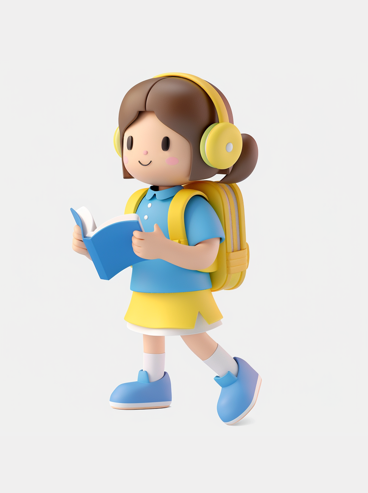 可爱背着书包的学生女孩认真看书