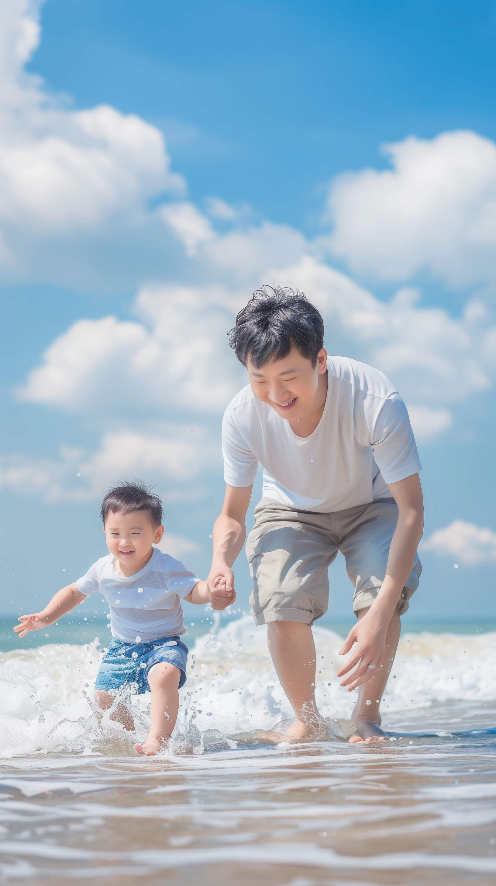 亲子海边嬉戏温馨瞬间的美好宣传物料