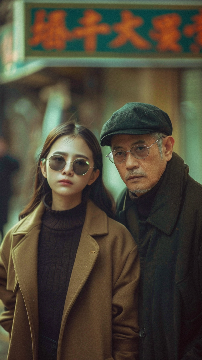 文艺范父女街头合影时尚感