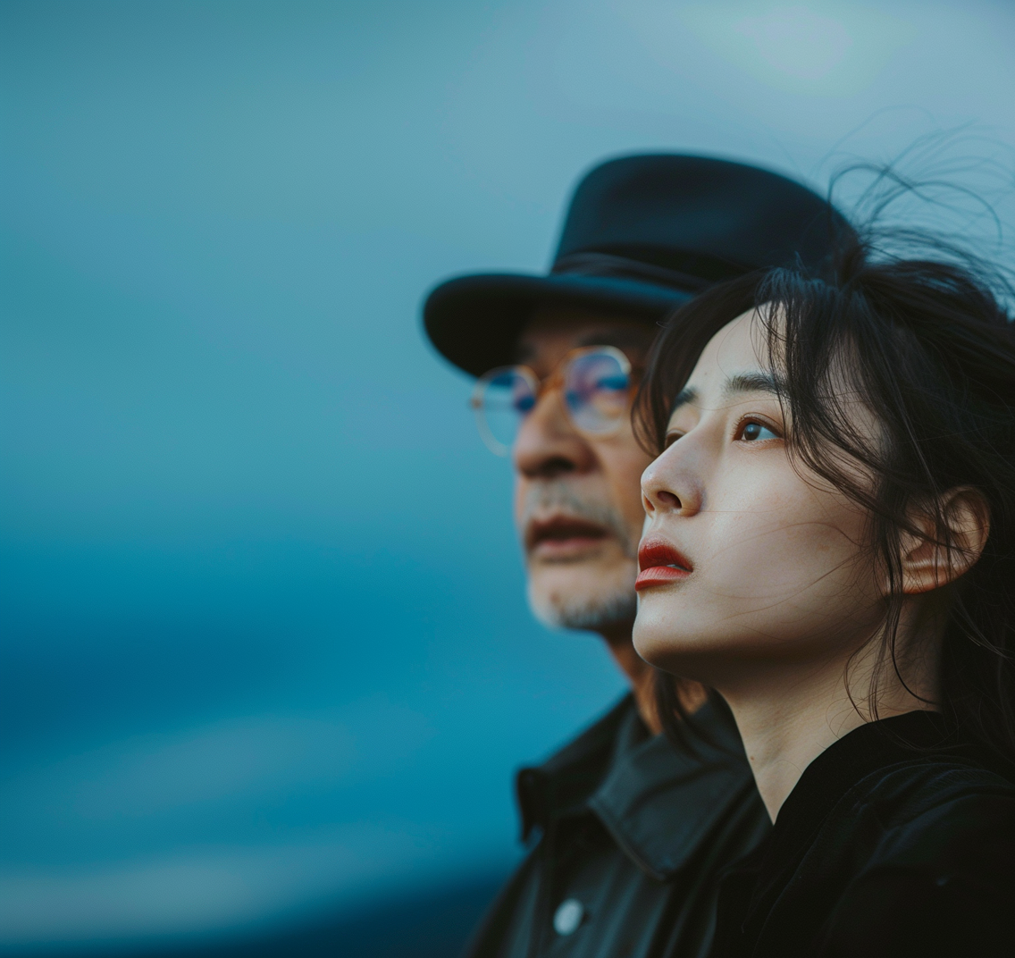 戴帽男女望向远方的文艺海报宣传物料