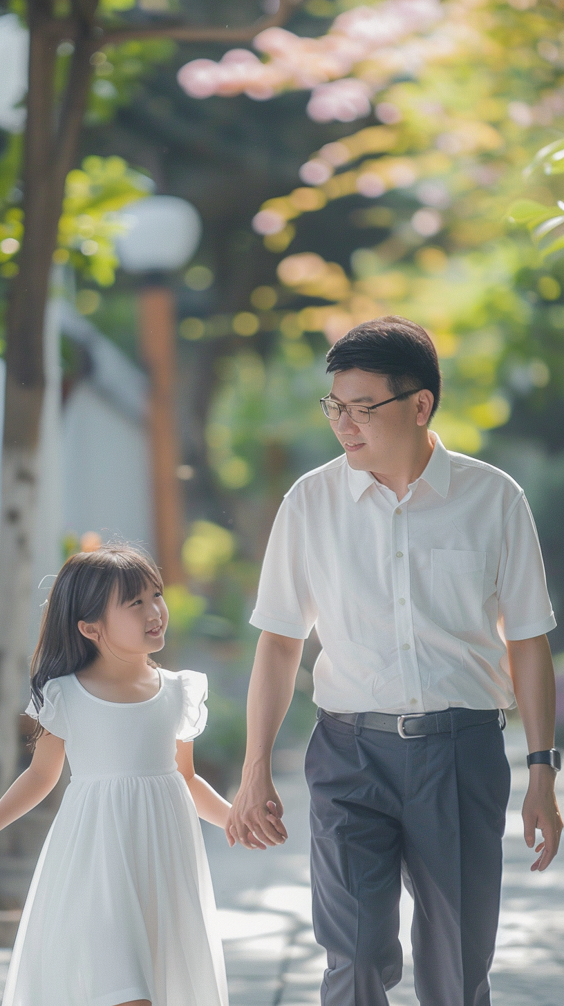 父女牵手漫步户外温馨亲子时光令人向往