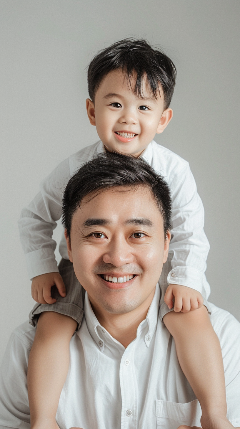 亲子温馨时刻父亲肩上的可爱孩童