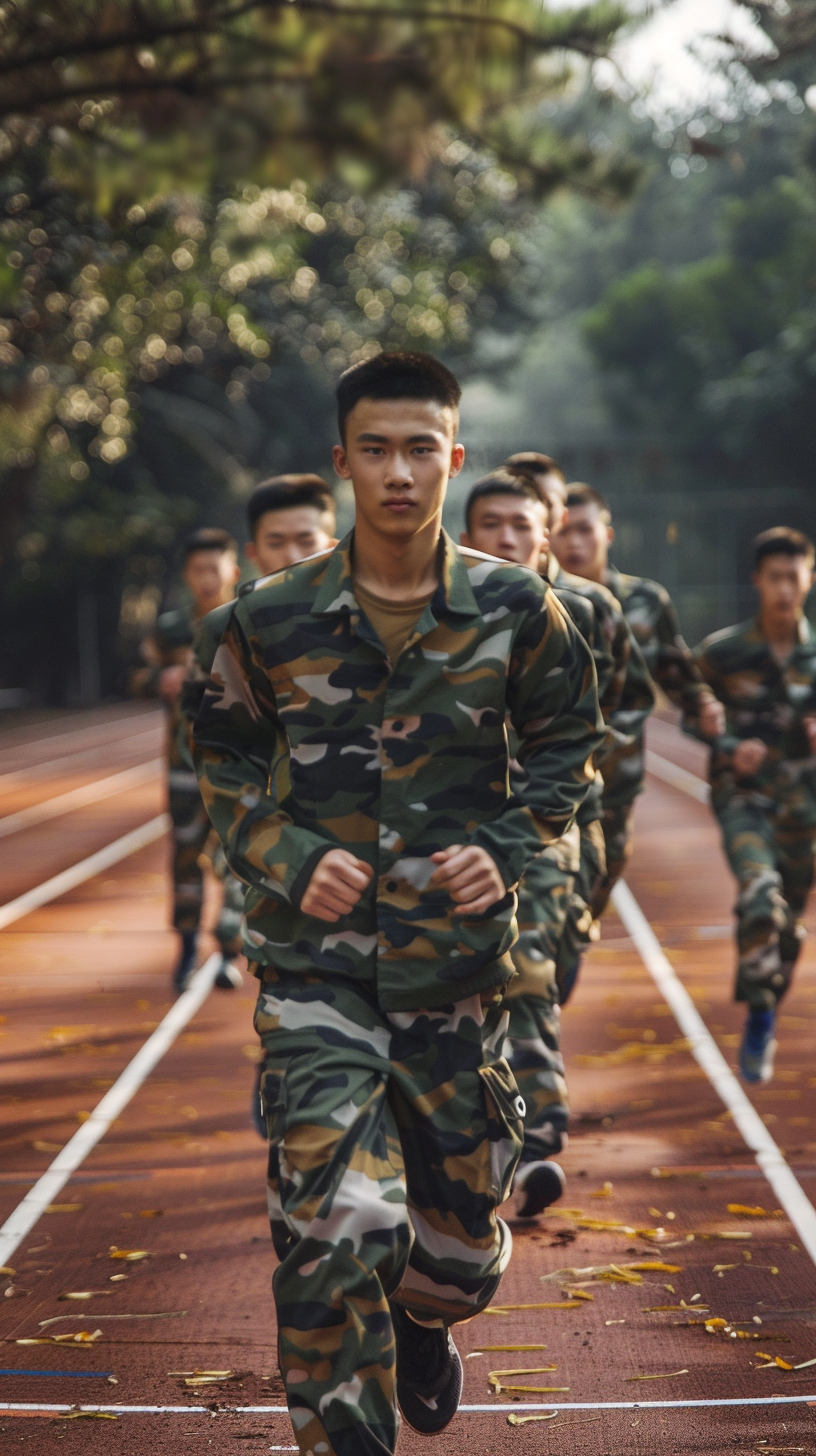 迷彩服军人在跑道上跑步训练的英姿
