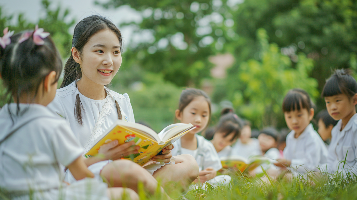 女教师户外带孩子们阅读的温馨教学场景