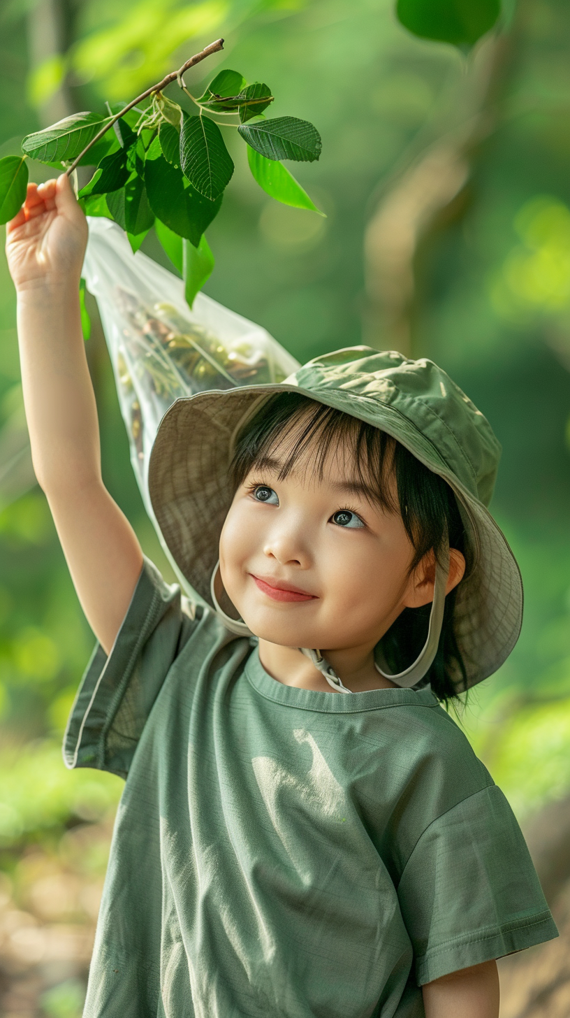 戴帽小女孩户外提枝清新自然风儿童写真