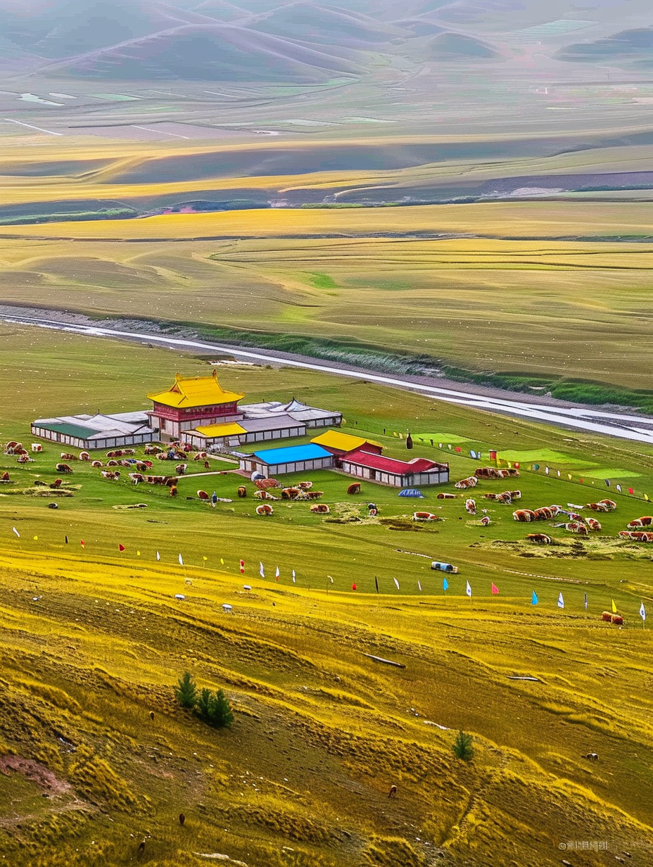草原上的多彩建筑与牛羊赏心悦目的风景