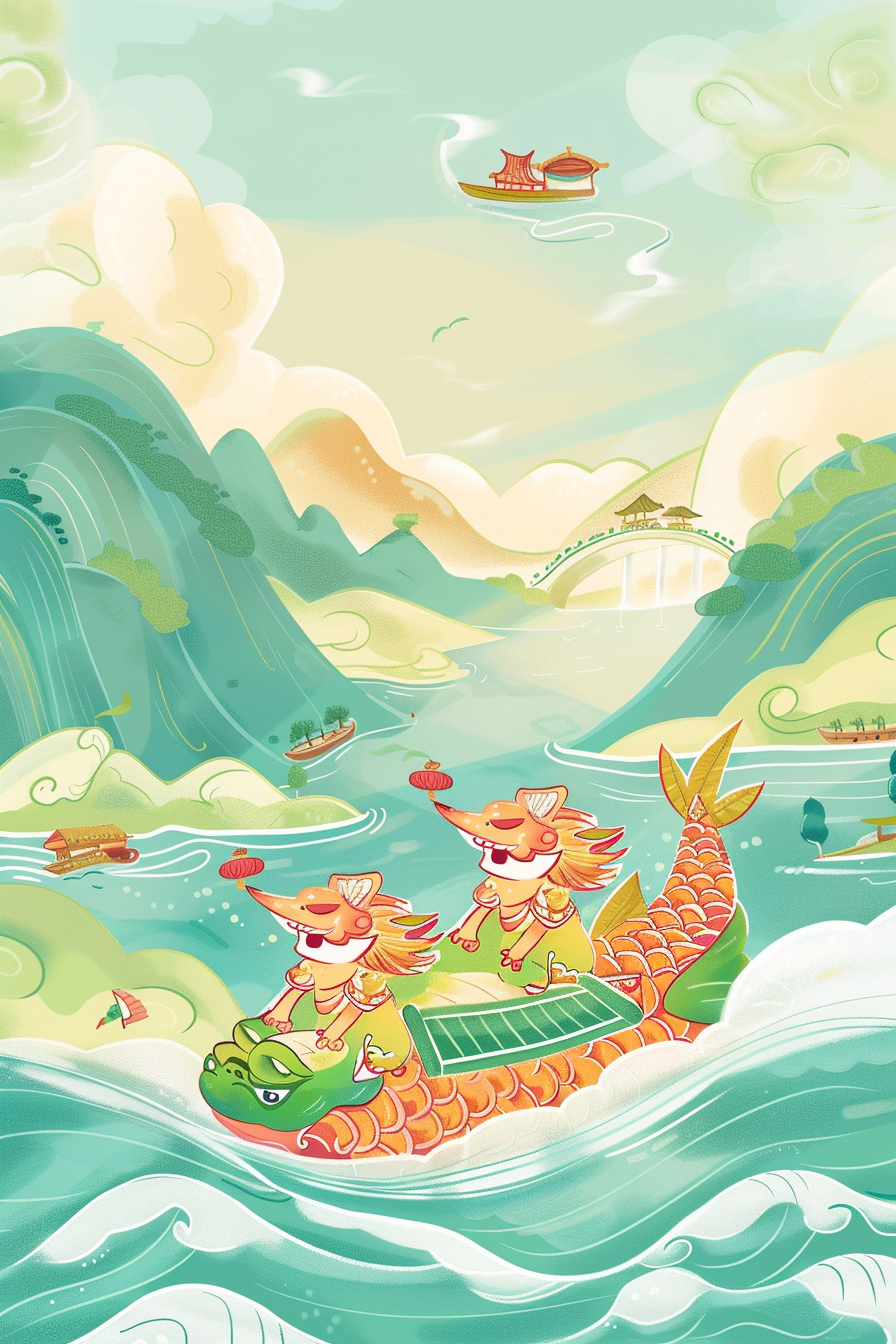 可爱龙舟竞渡插画端午宣传海报素材