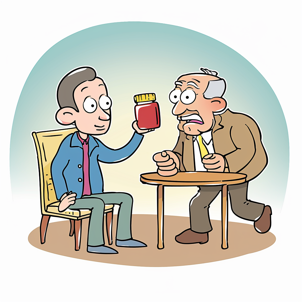 男子手持药瓶与老人交流的趣味漫画