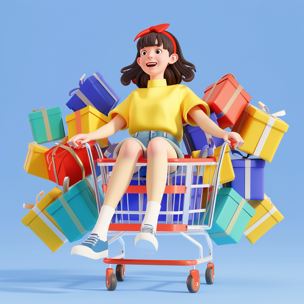 可爱女孩坐购物车被多彩礼品环绕的3D图
