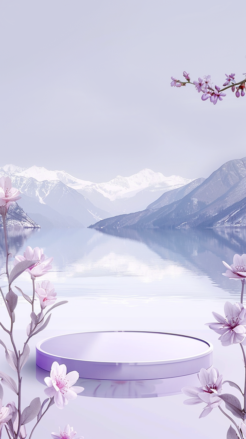 紫色花卉与雪山湖泊构成的唯美展示背景图