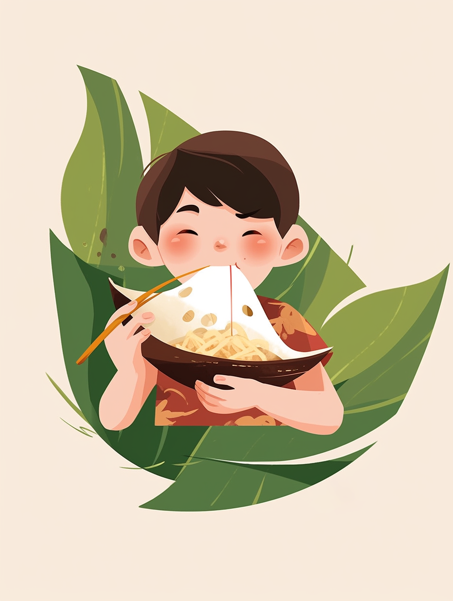 可爱男孩开心吃粽子的趣味卡通插画