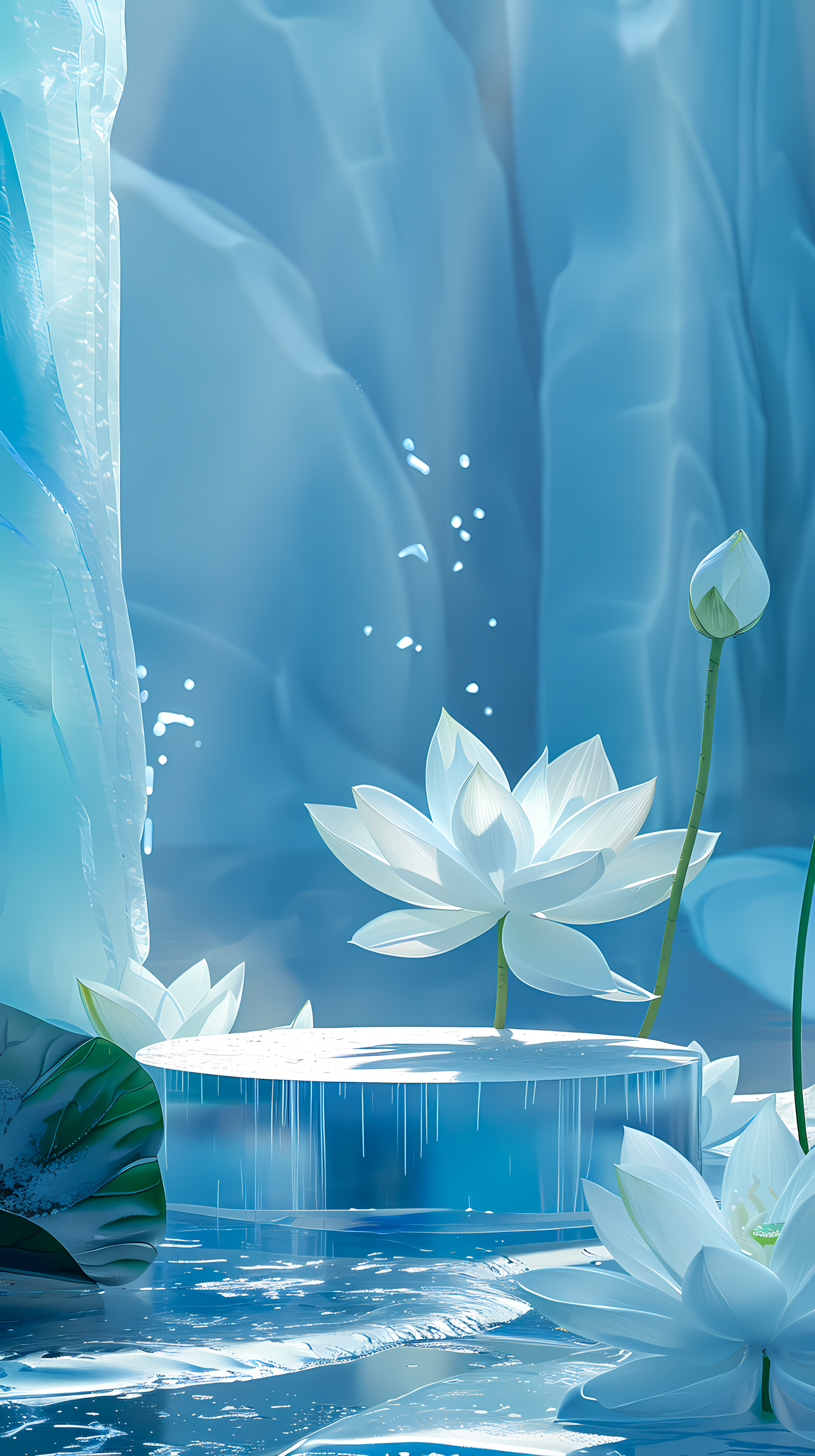 蓝色系冰清玉洁荷花3D创意壁纸