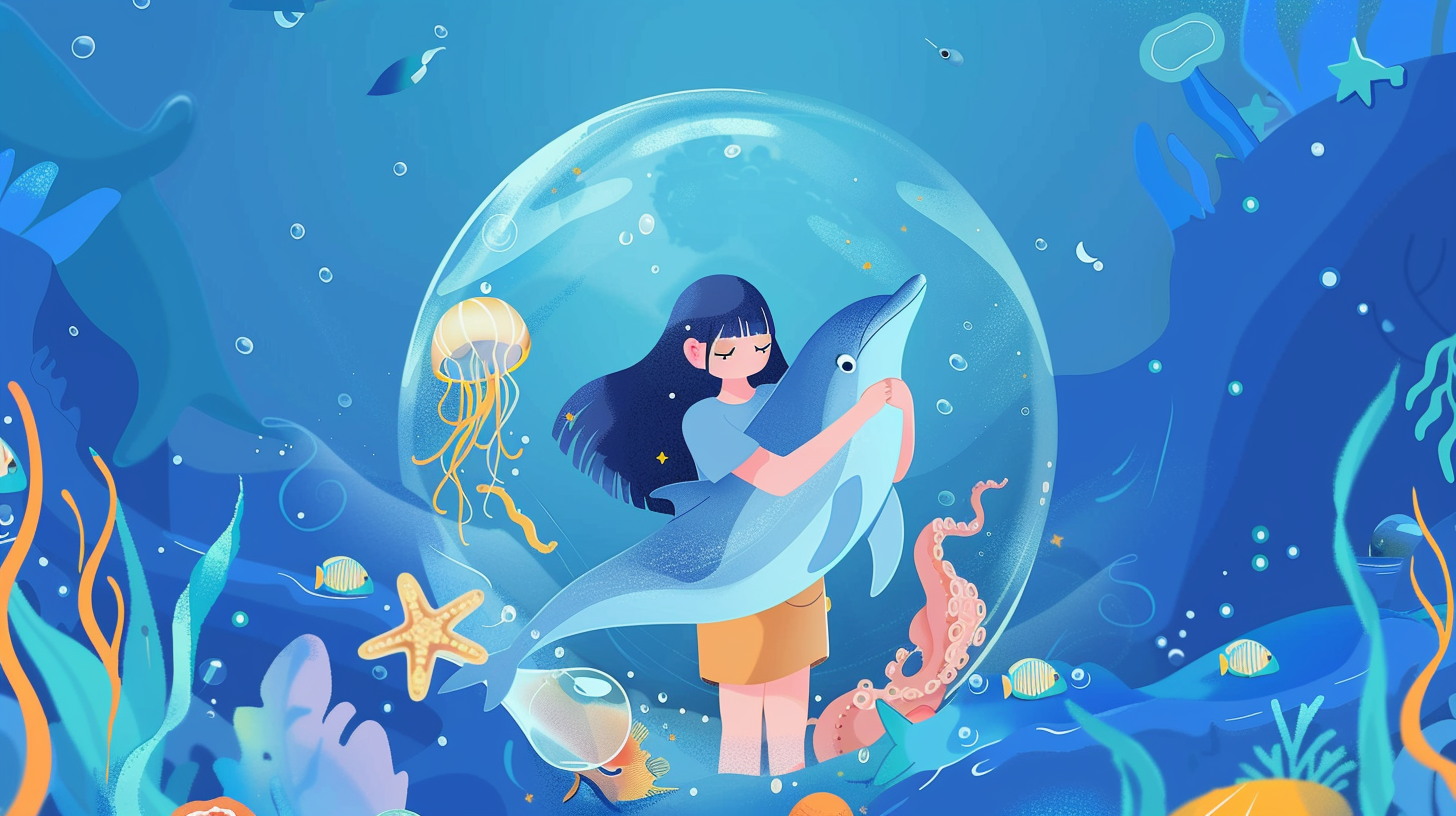 女孩与海豚的温馨画面壁纸素材