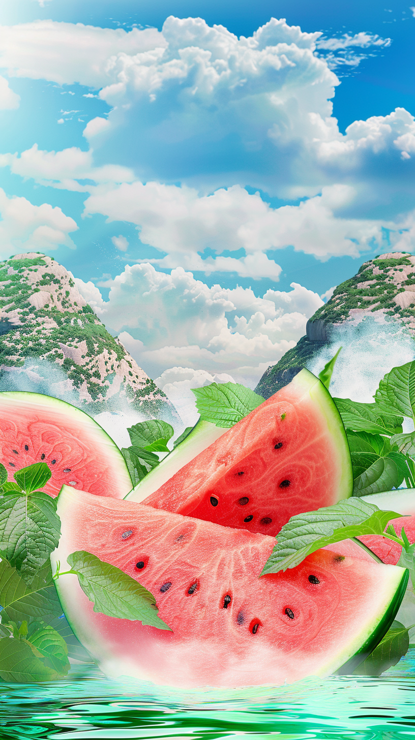 清新西瓜切片配绿叶山水风景壁纸