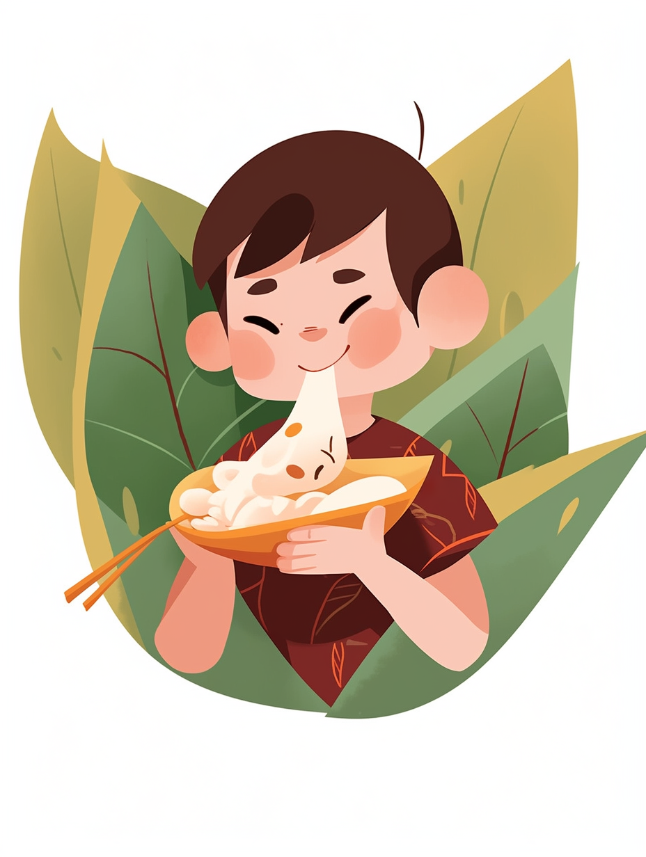 可爱男孩手持粽子享受美食的卡通插画