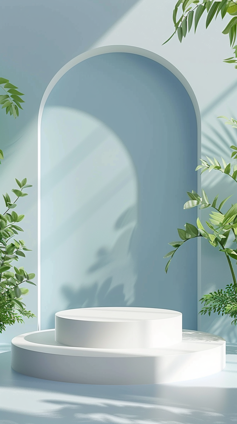 清新绿植环绕的白色展示台宣传物料