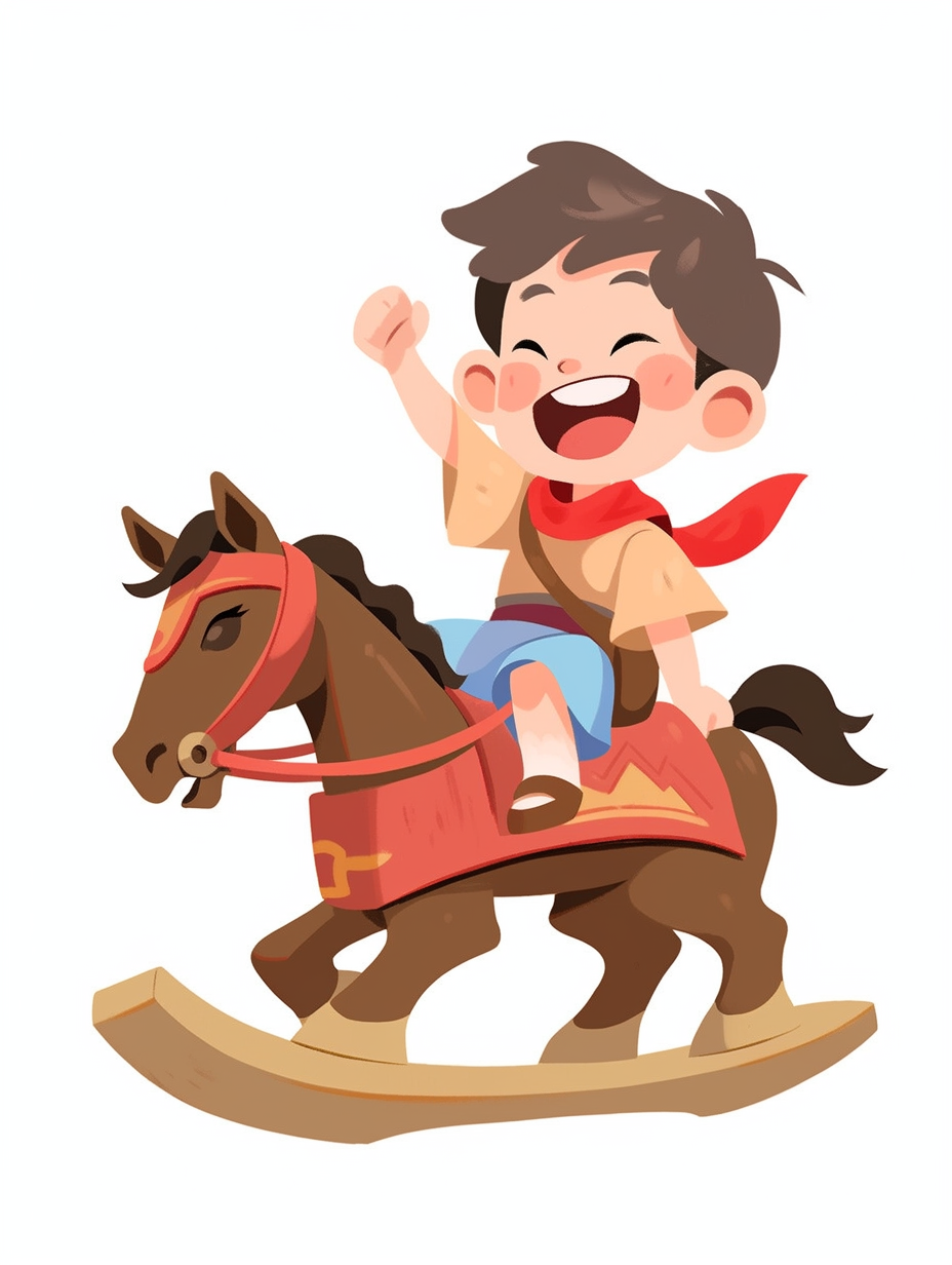 可爱小男孩骑摇马欢乐童年的趣味卡通图