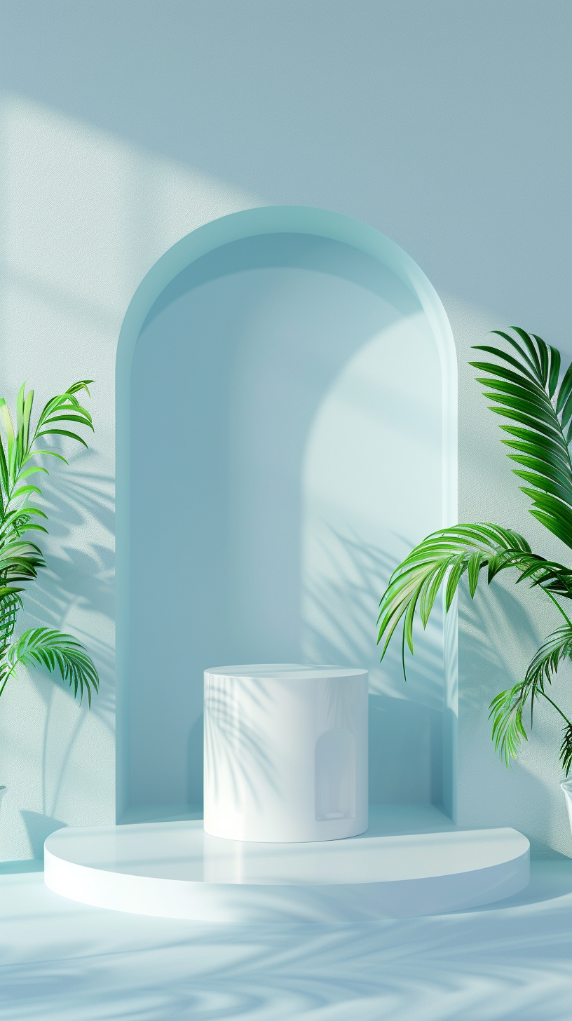 清新绿植搭配简约白柱展示台背景素材