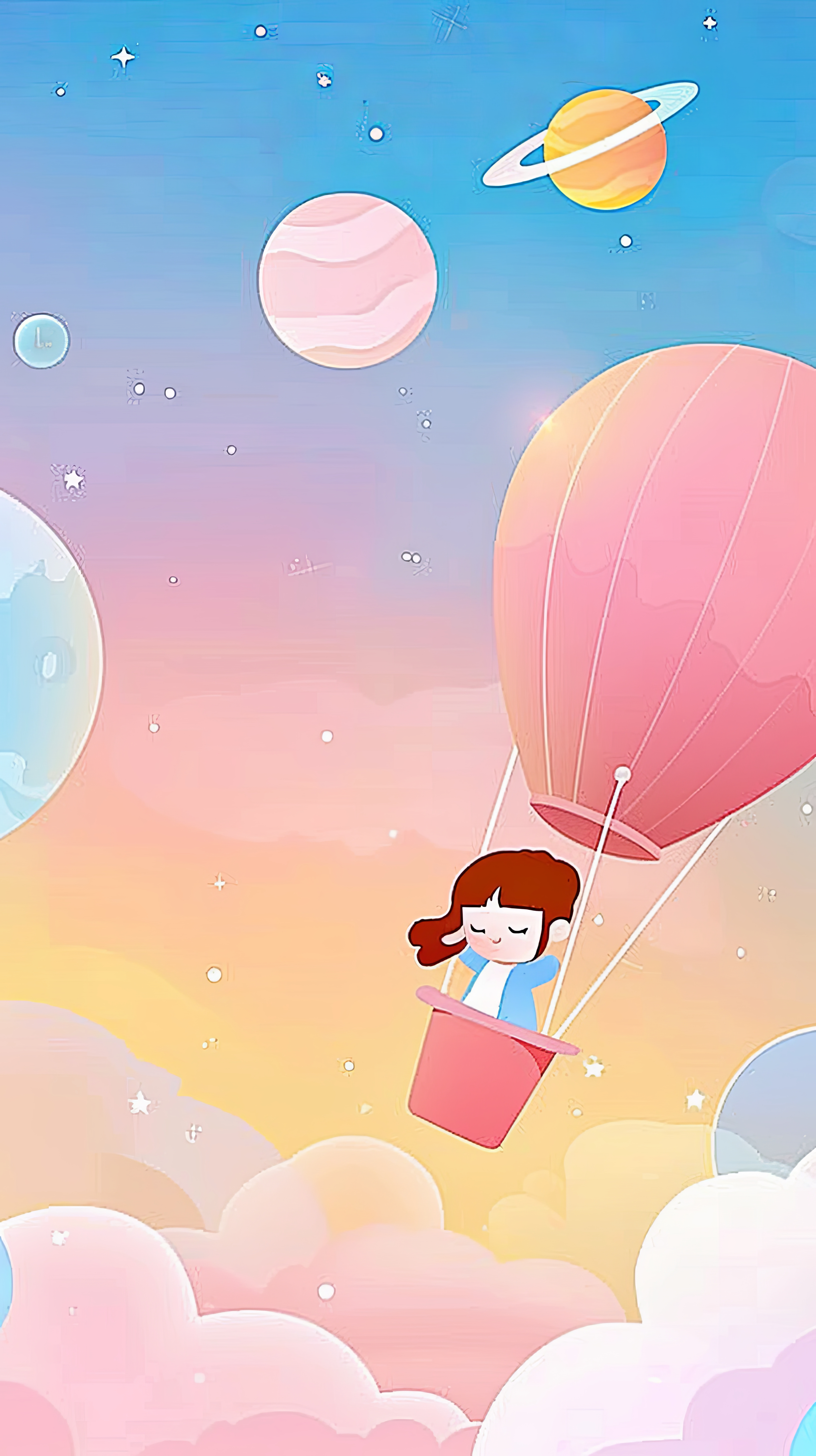 女孩乘热气球遨游太空的可爱壁纸