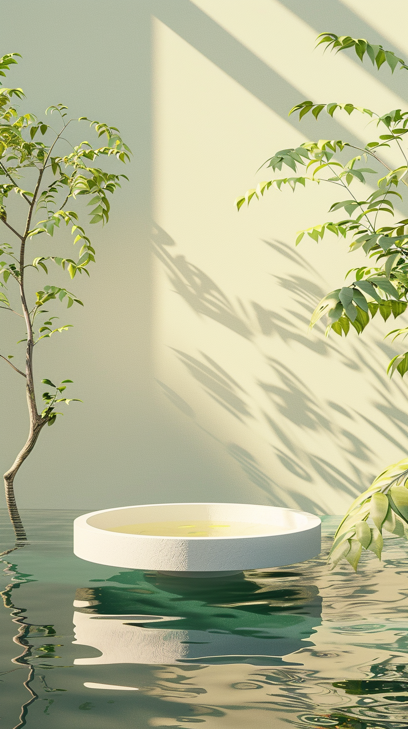 绿植环绕的水边石盘自然清新的风景图