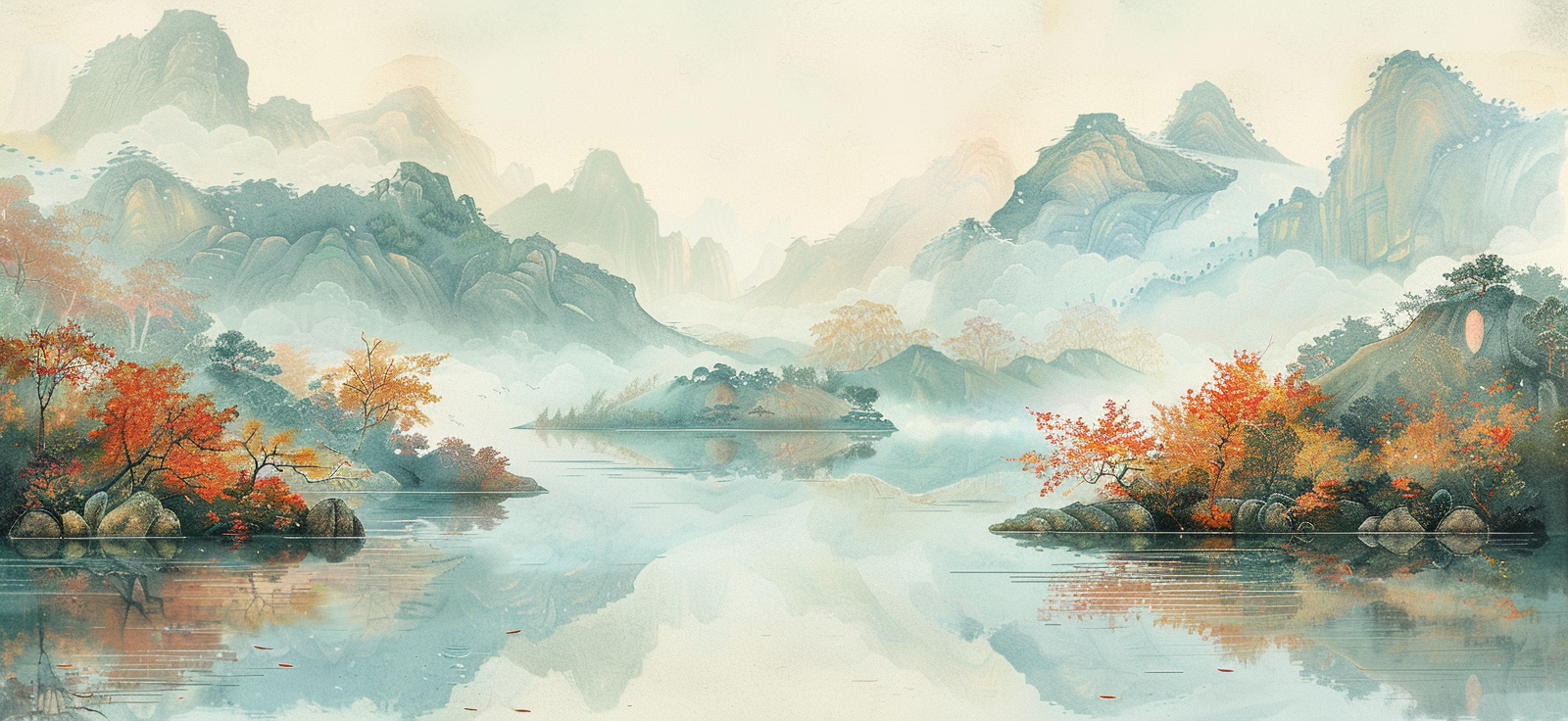 水墨风山川湖泊美景图自然神韵