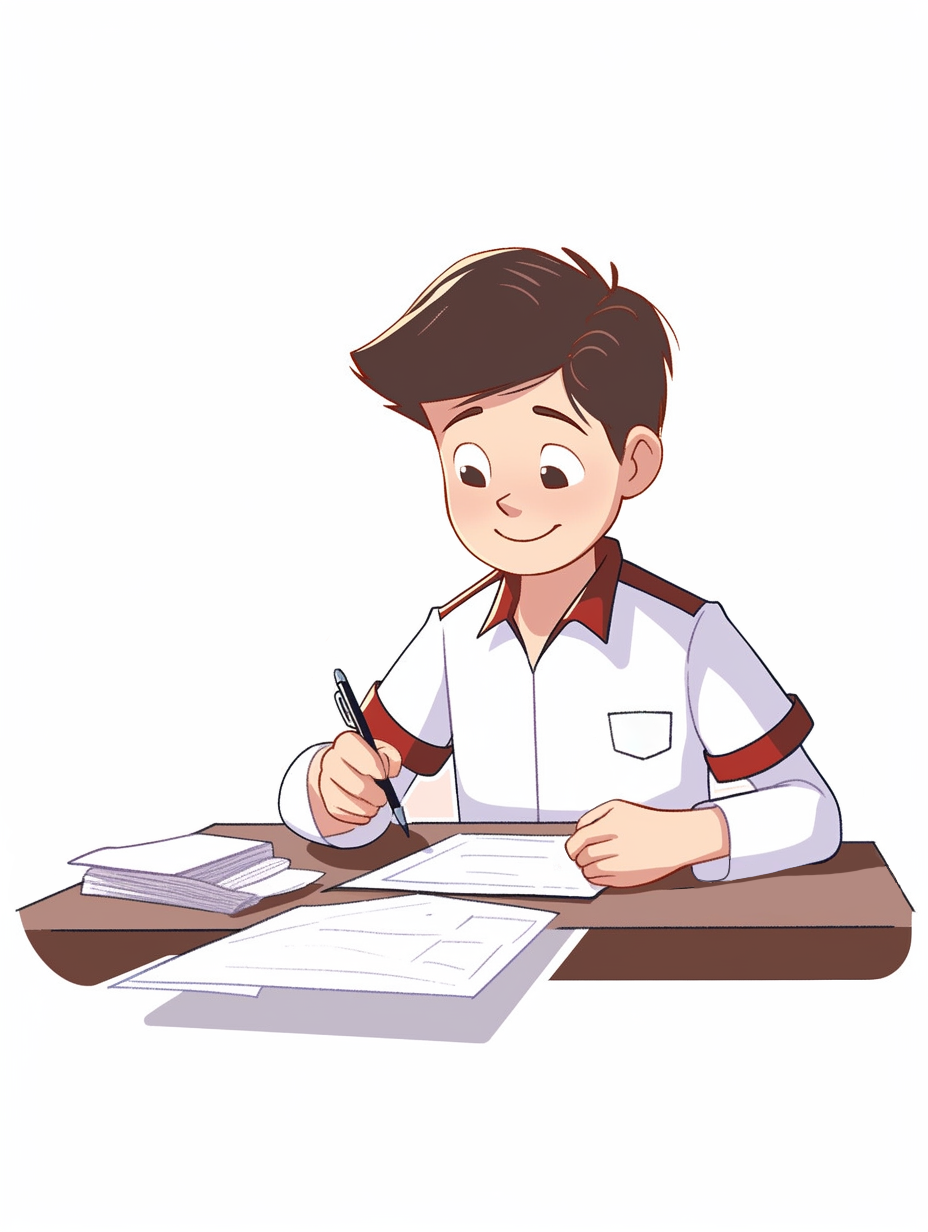 学生认真书写展现校园学习氛围的插画