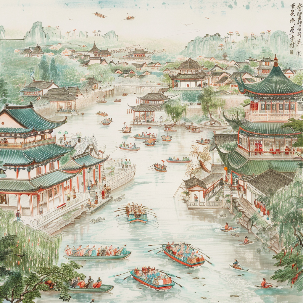 江南水乡古建筑图水墨中国风